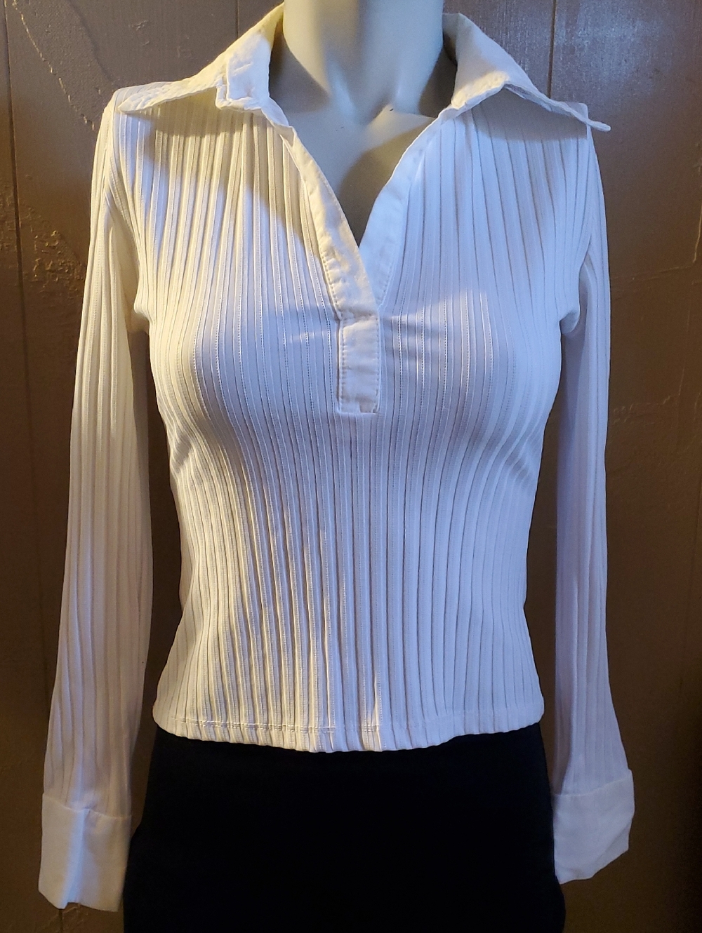 Forever 21 White Ribbed Long-Sleeve Polo Top